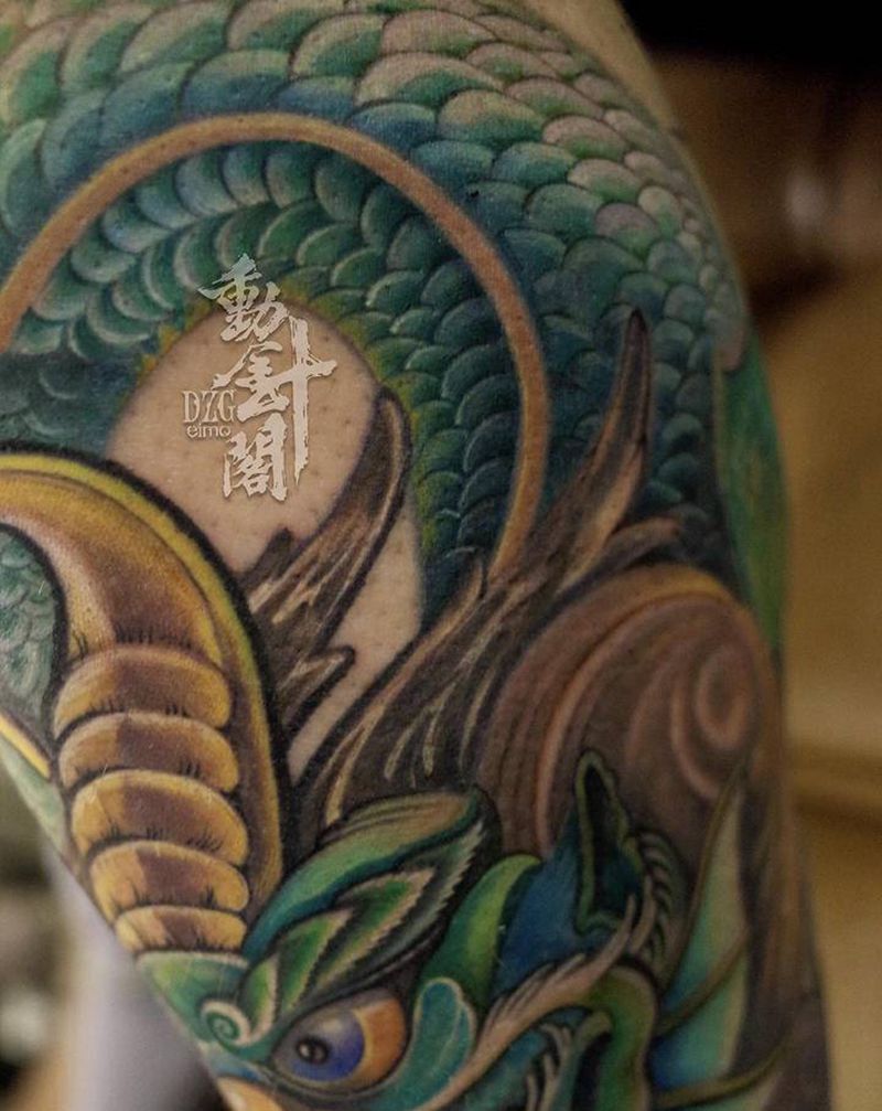 螭吻纹身图片_腿部新传统龙九子螭吻纹身图案