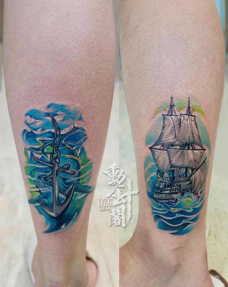 最佳拍档纹身图片_腿部New School帆船船锚纹身图案