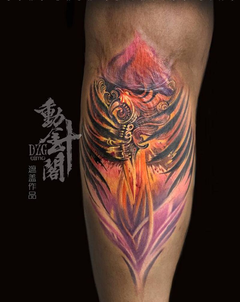 燃鸟纹身图片_腿部New School欧美写实凤凰不死鸟纹身图案