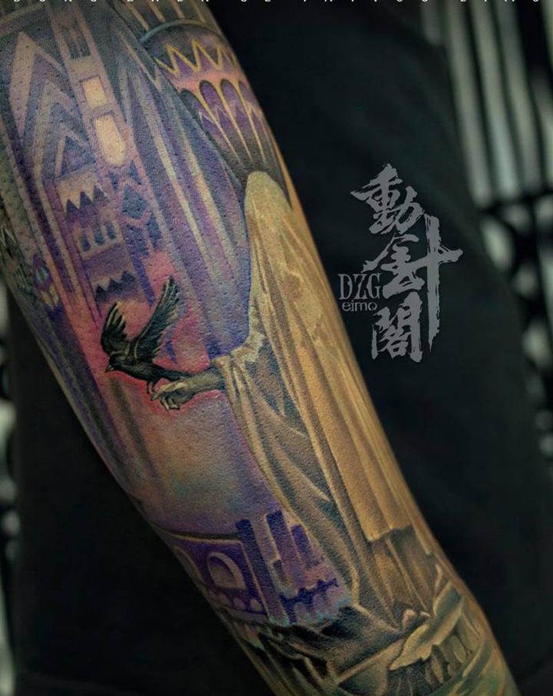 暮色纹身图片_手臂欧美写实New School鬼怪纹身图案