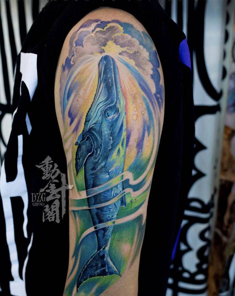 座头鲸纹身图片_手臂水彩水墨座头鲸纹身图案