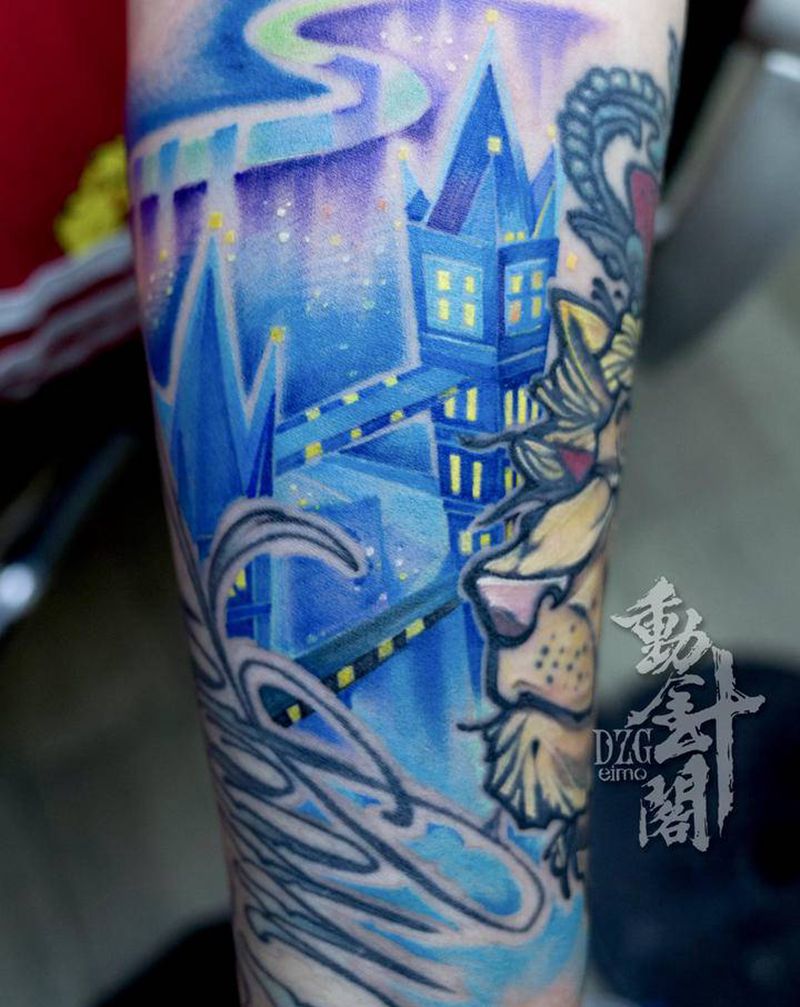 城堡纹身图片_手臂New School城堡纹身图案