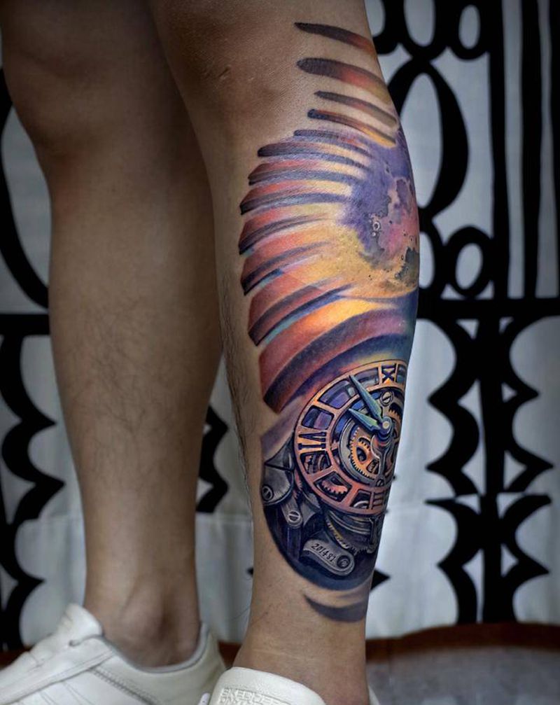 他们的时代纹身图片_腿部New School欧美写实时间星球月亮纹身图案