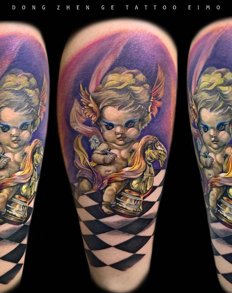 飞行使者纹身图片_腿部欧美写实New School纹身图案