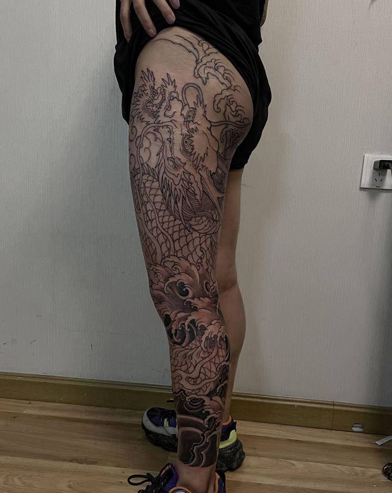花腿龙未完待续纹身图片_腿部臀部老传统新传统龙纹身图案