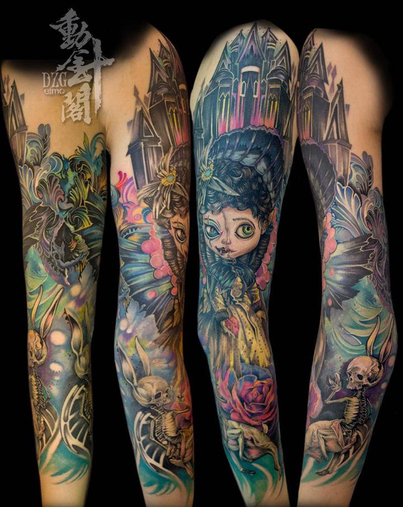 鬼娃纹身图片_手臂New School城堡暗黑风纹身图案
