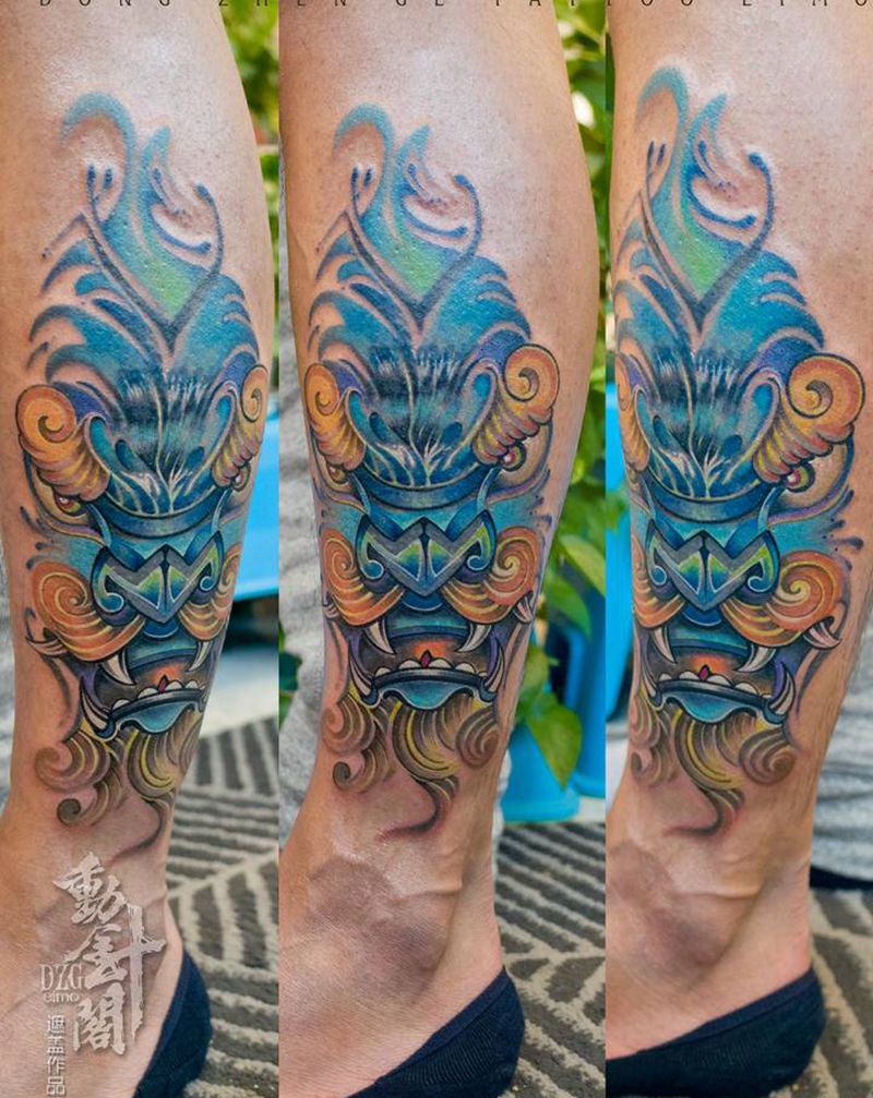 用唐狮遮盖老纹身纹身图片_腿部New School遮盖修改唐狮纹身图案