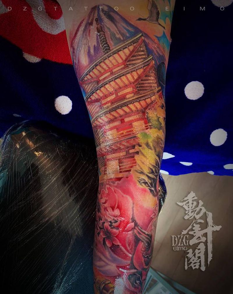 清水寺纹身图片_手臂New School日本樱花日式传统纹身图案