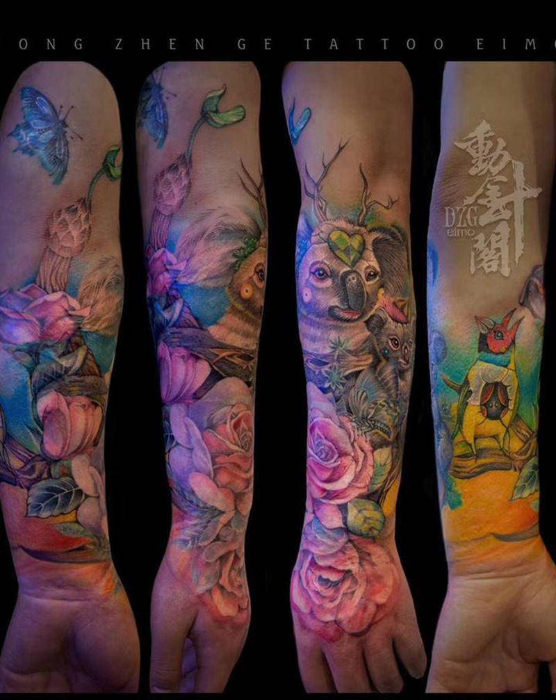 遮烫伤疤作品纹身图片_手臂New School遮盖玫瑰蔷薇纹身图案