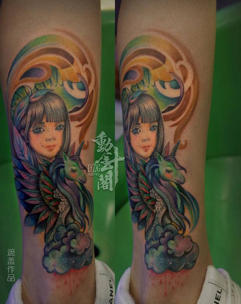 美化加大旧纹身纹身图片_腿部New School水彩娃娃独角兽修改纹身图案