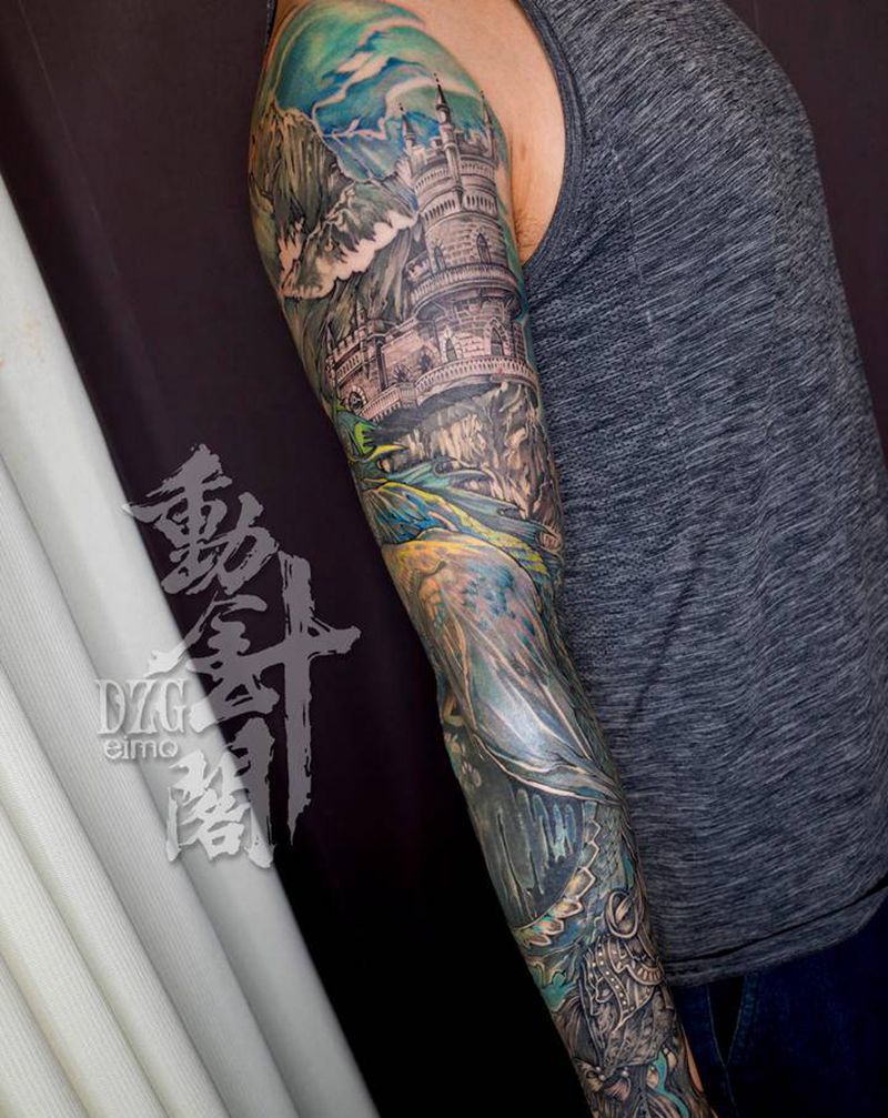 城堡冰龙纹身图片_手臂New School城堡龙纹身图案