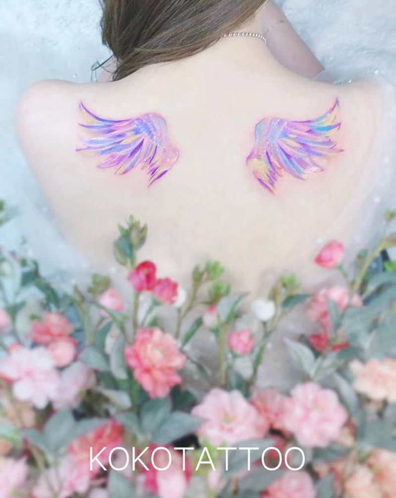 翅膀纹身图片_背部水彩翅膀水彩小清新纹身图案