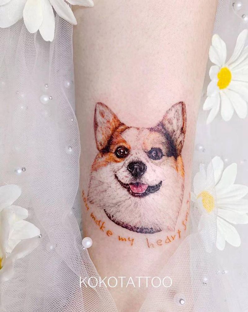 柯基纹身图片_腿部点刺欧美写实单针写实小写实狗狗纹身图案