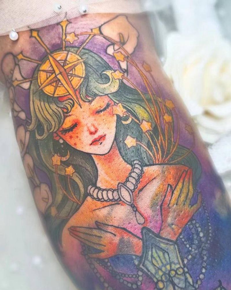 塔罗牌少女—遮盖纹身图片_腿部水彩点刺塔罗牌插画遮盖纹身图案