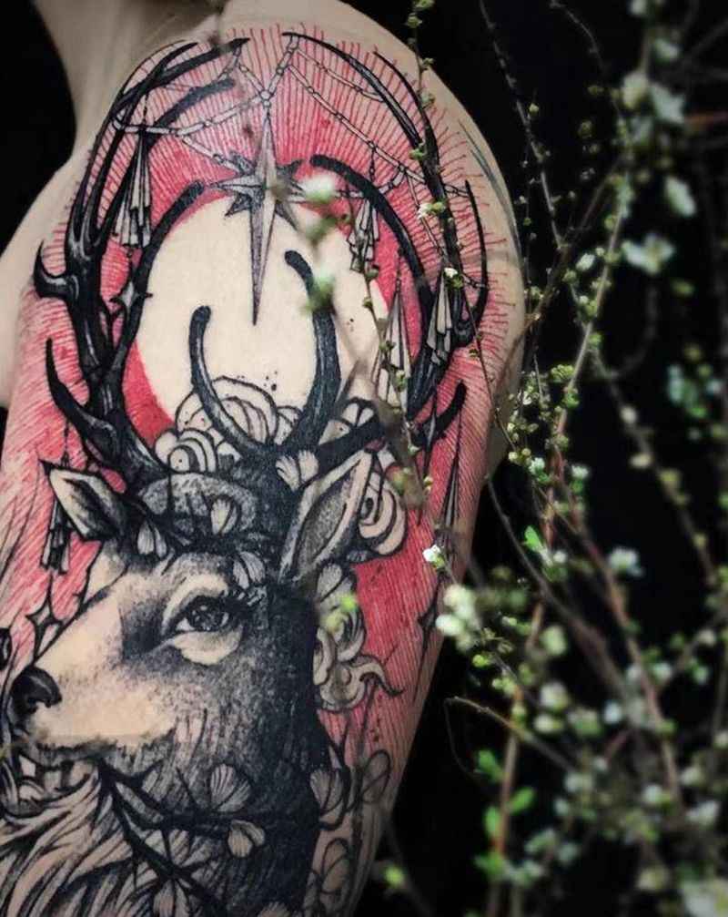 麋鹿纹身图片_手臂点刺暗黑麋鹿红黑纹身图案