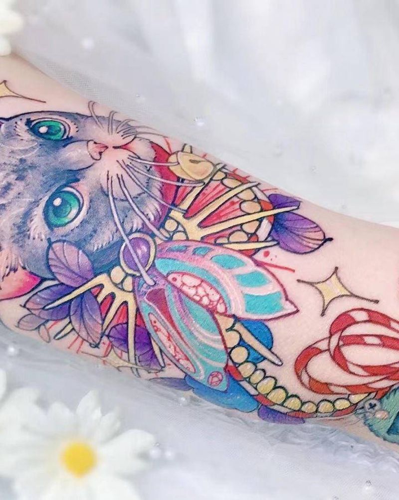 猫—添加纹身图片_手臂水彩New School猫插画定制纹身图案