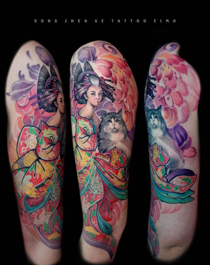 艺妓与猫纹身图片_New School艺妓猫纹身图案