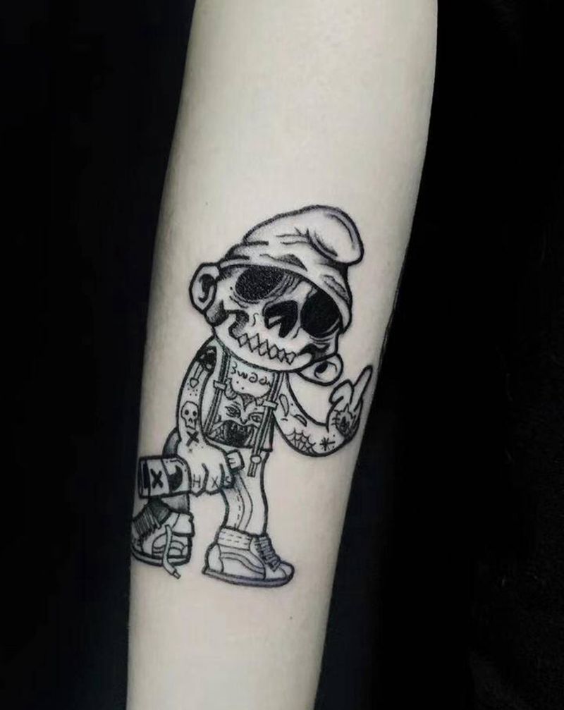 school纹身图片_手臂Old School骷髅school黑灰纹身图案