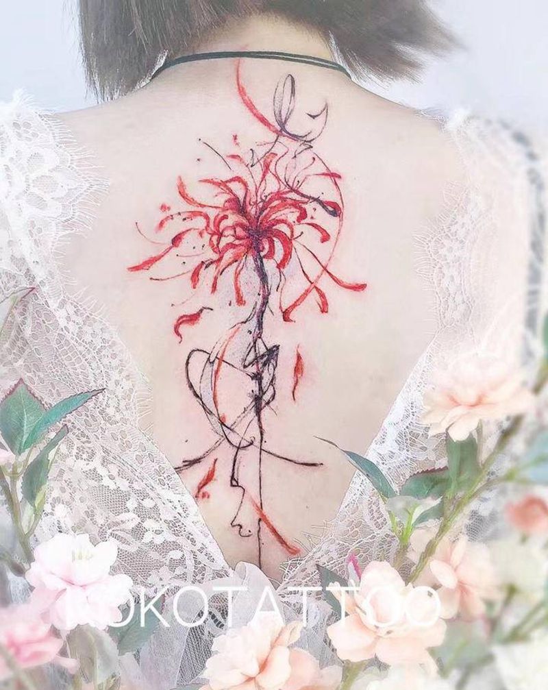 彼岸花纹身图片_背部水墨彼岸花水墨写意纹身图案