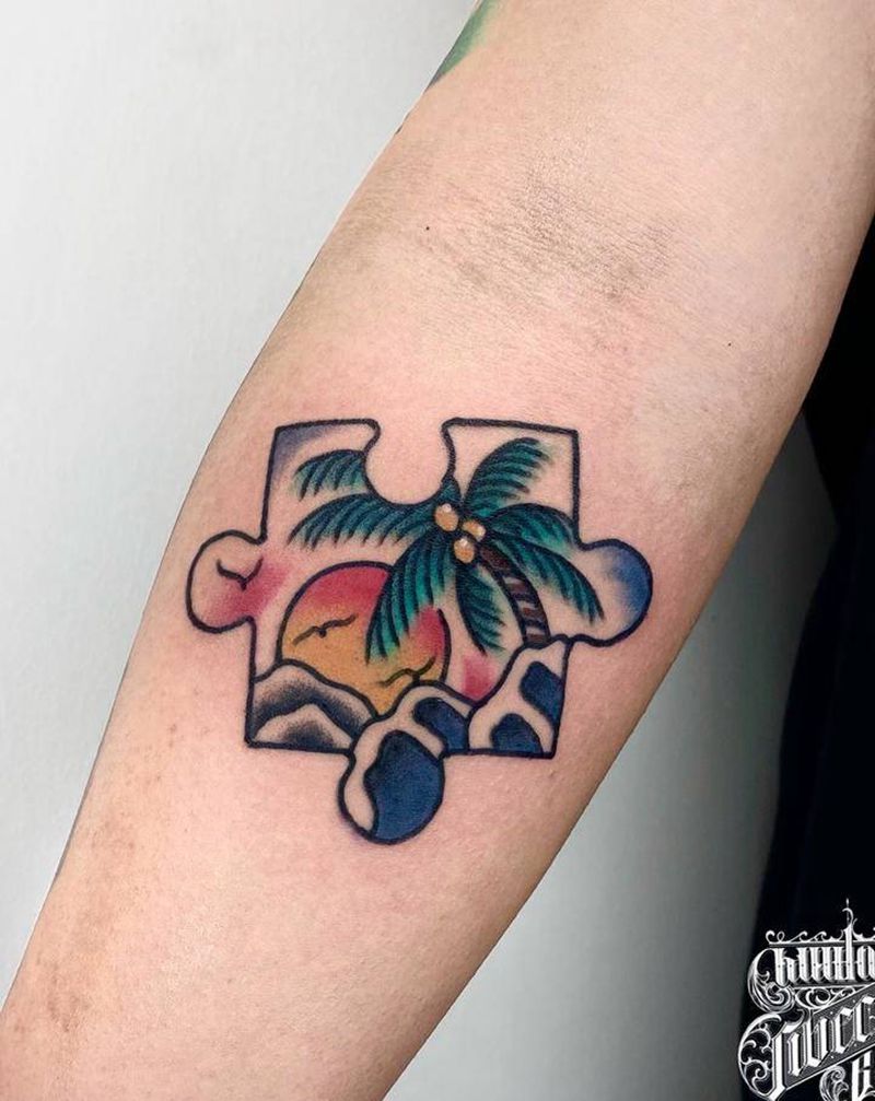 海纹身图片_手臂Old School椰子树夕阳海纹身图案