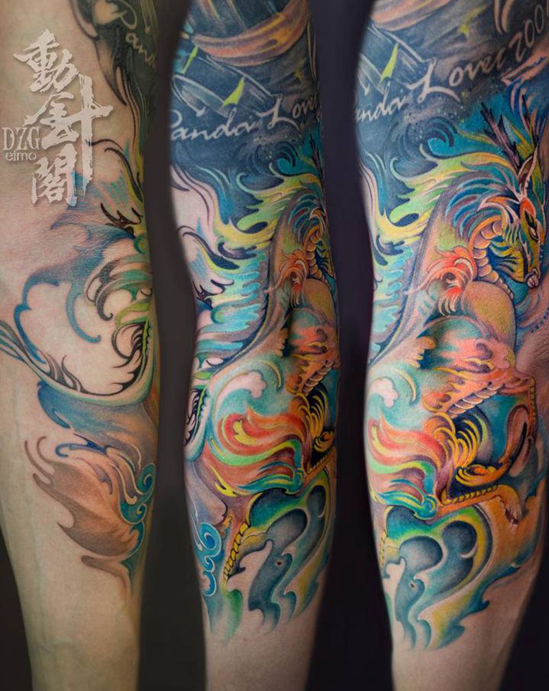 火麒麟纹身图片_手臂新传统麒麟纹身图案