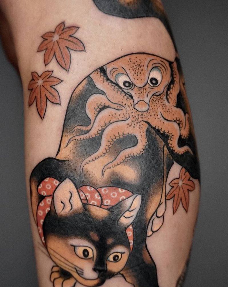 猫与鱼纹身图片_腿部老传统猫章鱼纹身图案