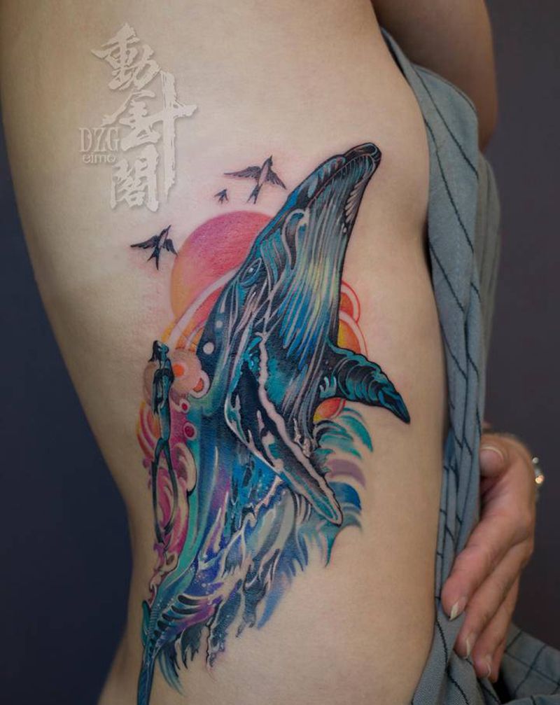 座头鲸纹身图片_腰部水彩鲸鱼纹身图案