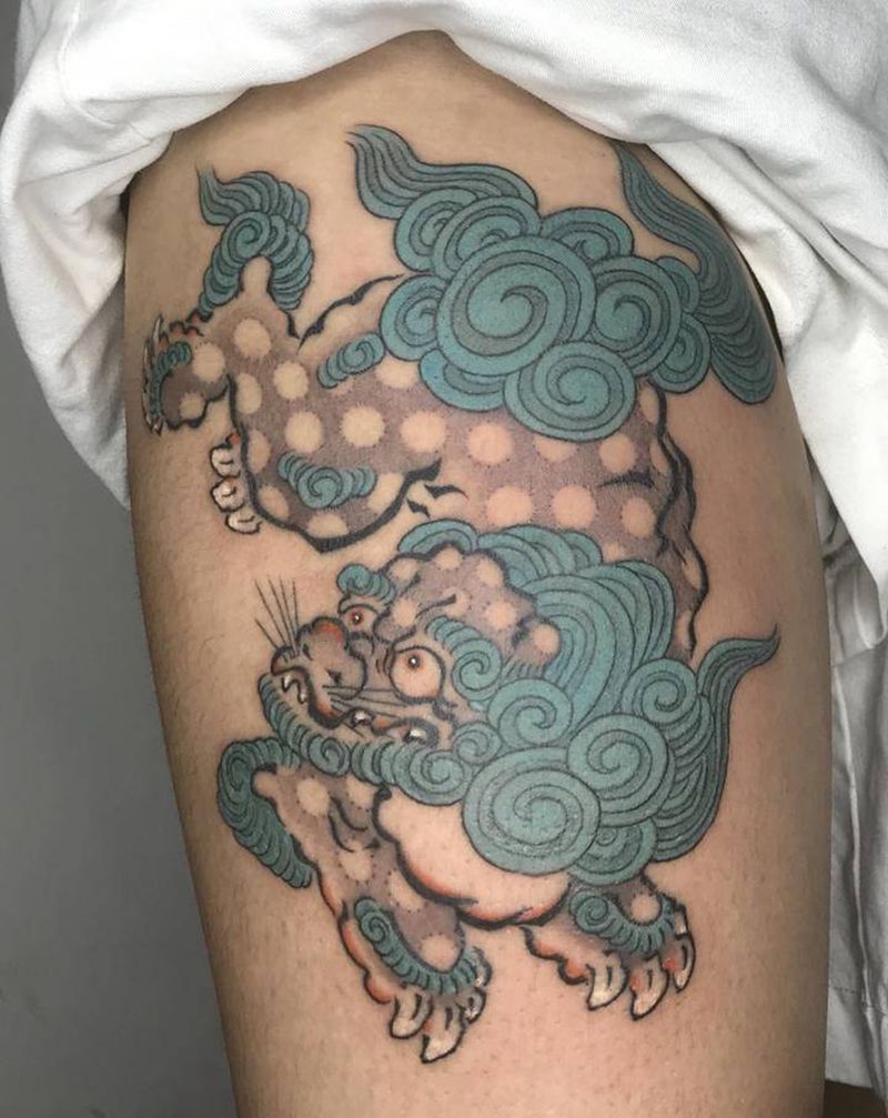 唐狮子纹身图片_腿部老传统唐狮子纹身图案