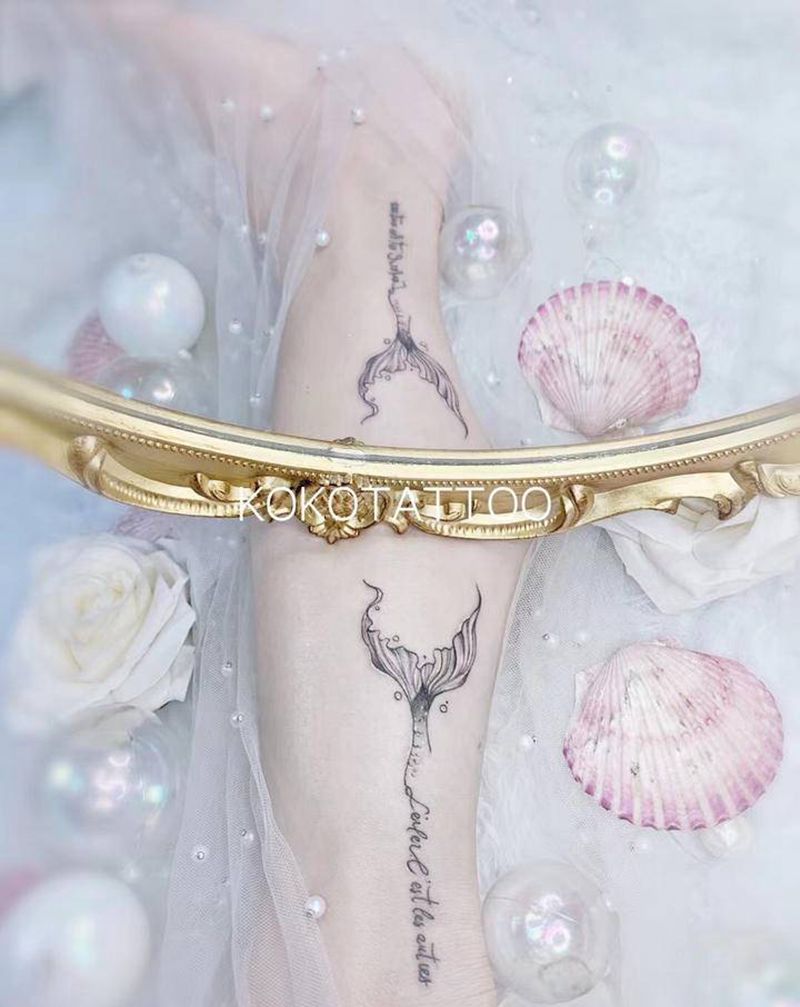 鱼尾纹身图片_腿部点刺小英文鱼尾定制设计纹身图案