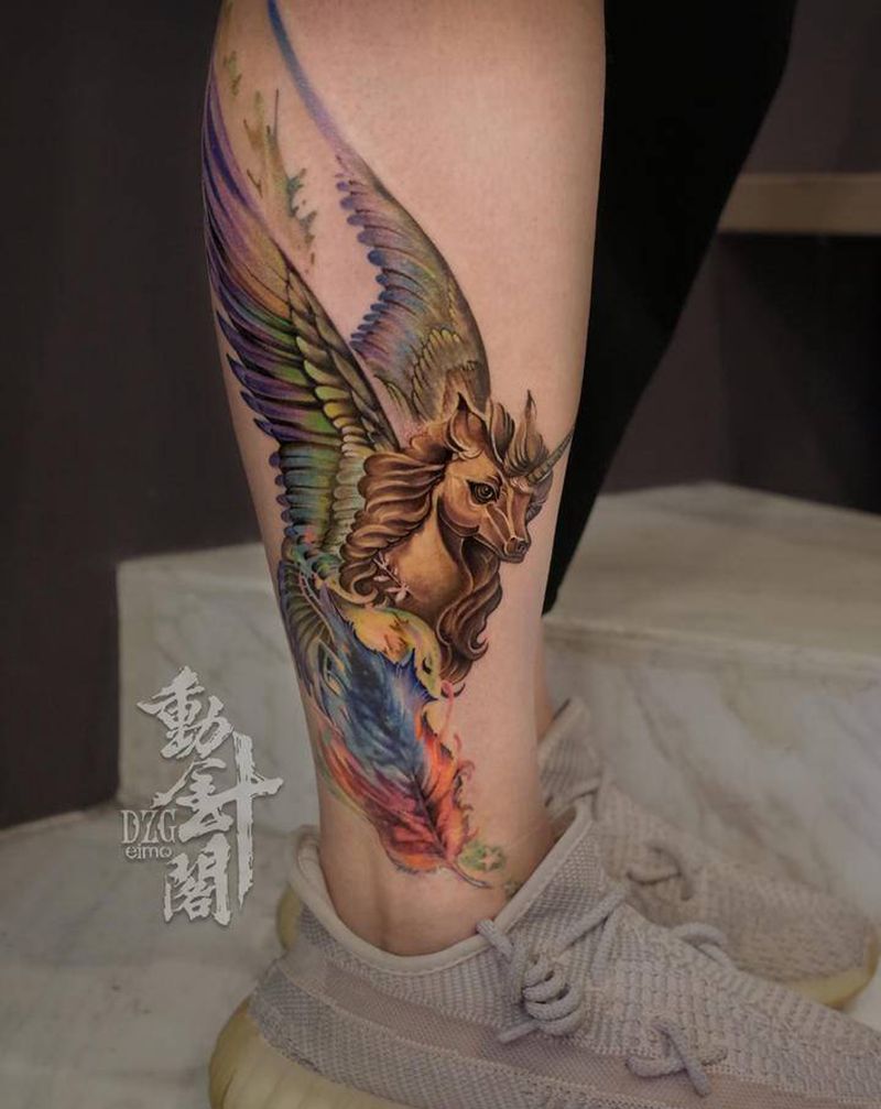 独角兽纹身图片_腿部New School独角兽纹身图案