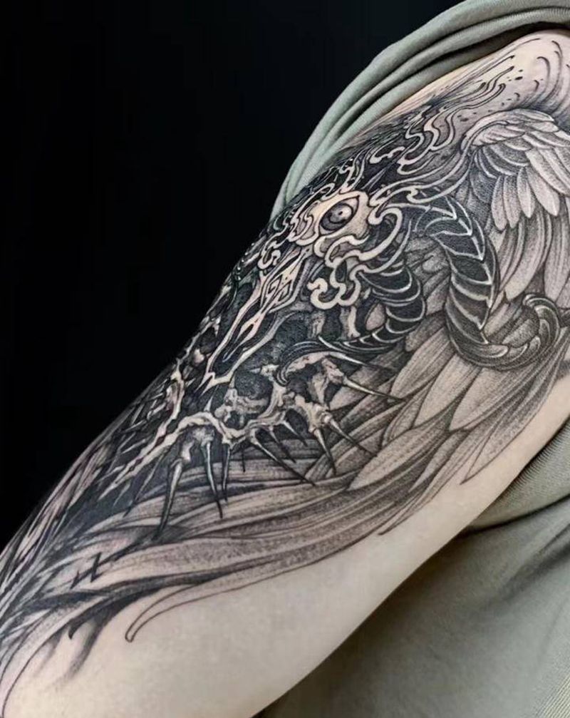 白羊座纹身图片_手臂点刺暗黑花体字翅膀纹身图案