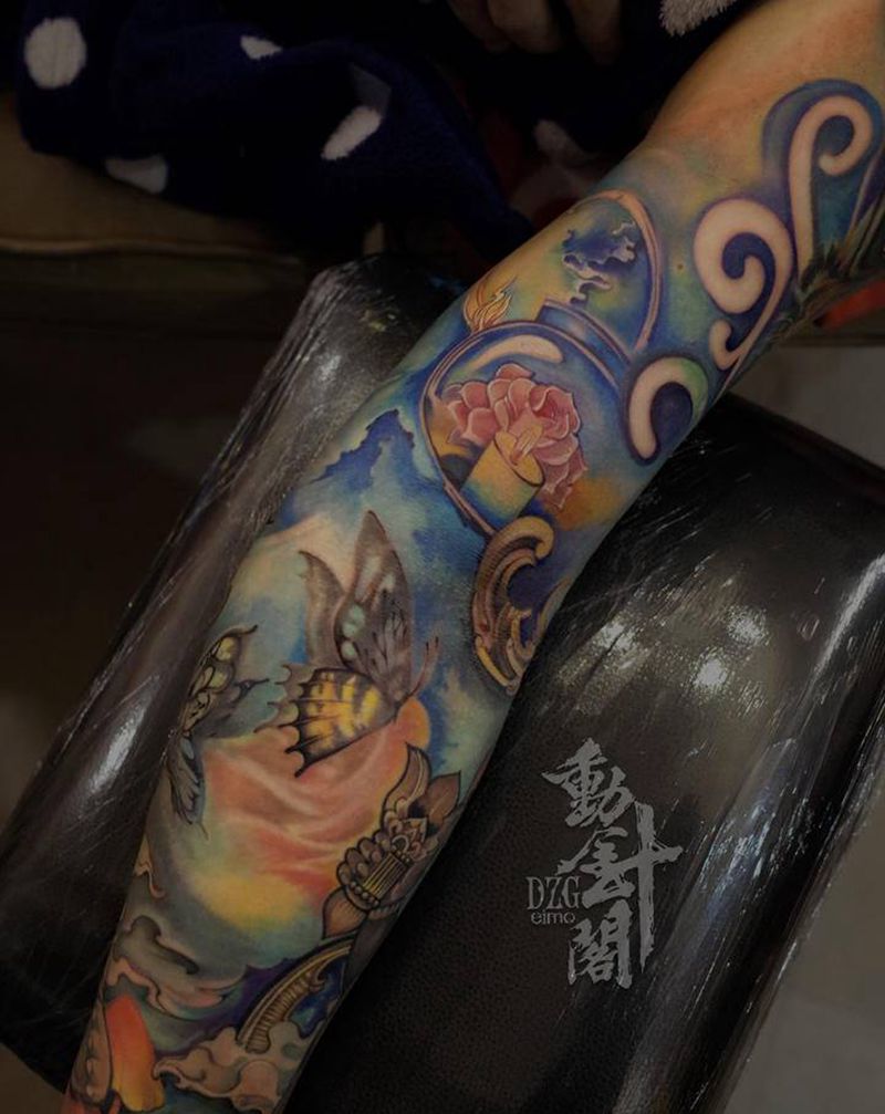 梦蝶纹身图片_手臂水彩水墨蝴蝶纹身图案
