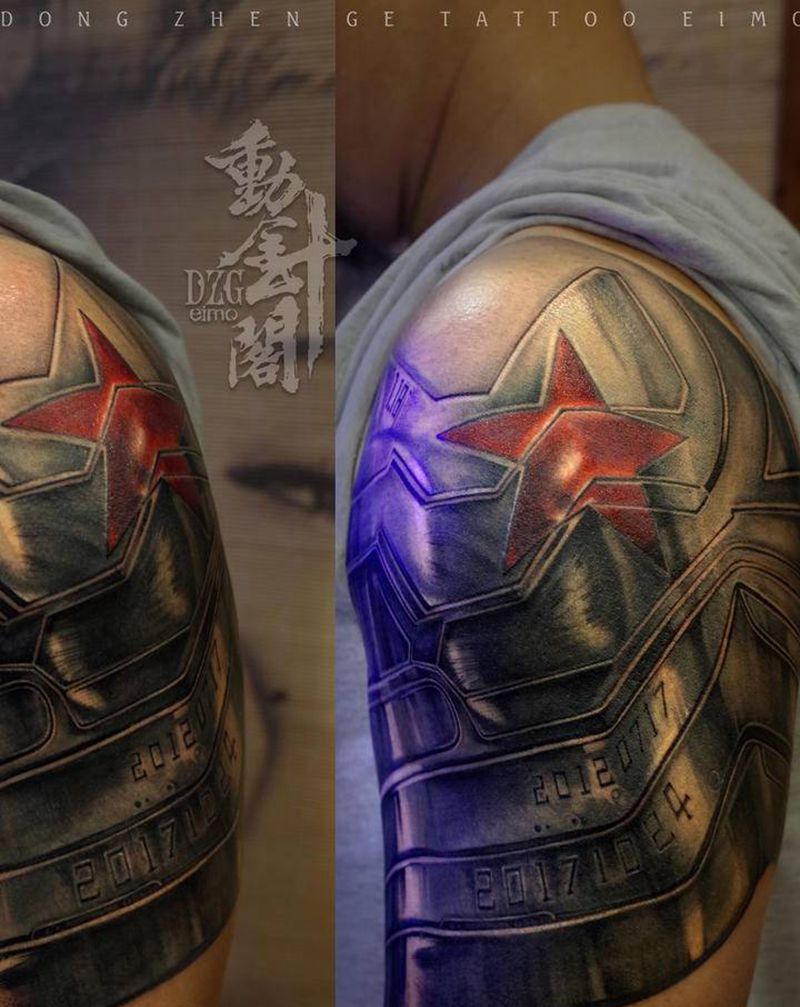 冬兵机械臂纹身图片_手臂欧美写实冬兵漫威纹身图案