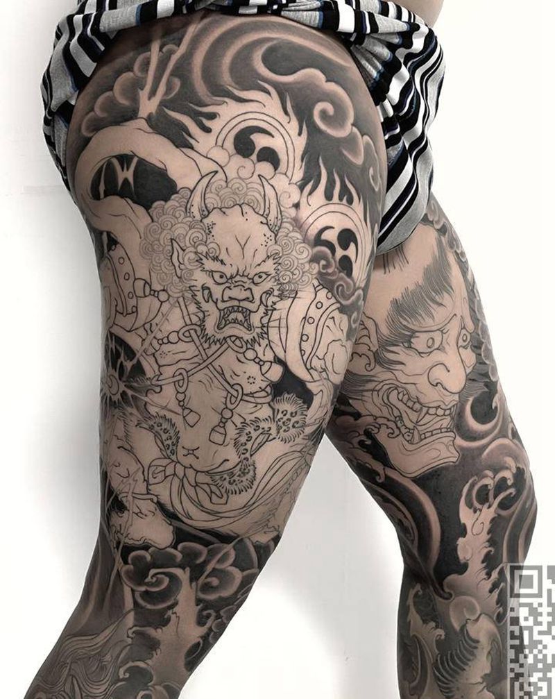 风雷神纹身图片_腿部老传统新传统纹身图案