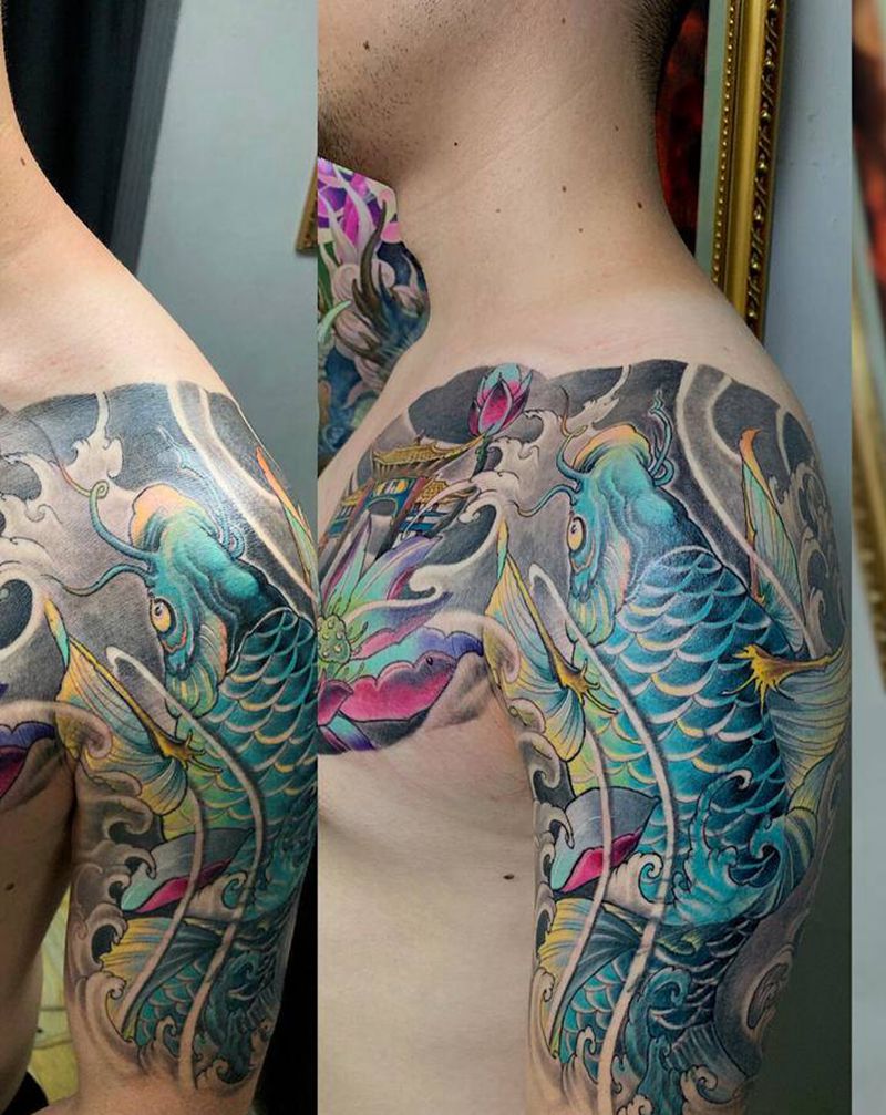 新传统：鲤鱼跃龙门纹身图片_手臂手部新传统老传统鲤鱼荷花跃龙门纹身图案