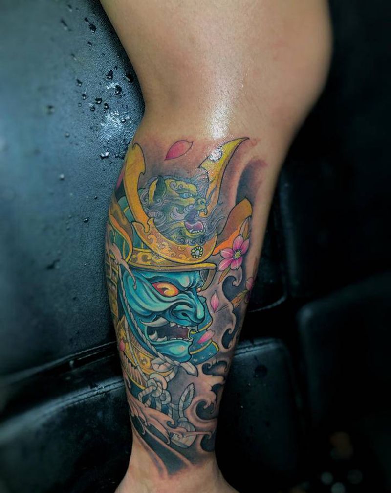 鬼武士纹身图片_腿部手部新传统鬼武士唐狮樱花纹身图案