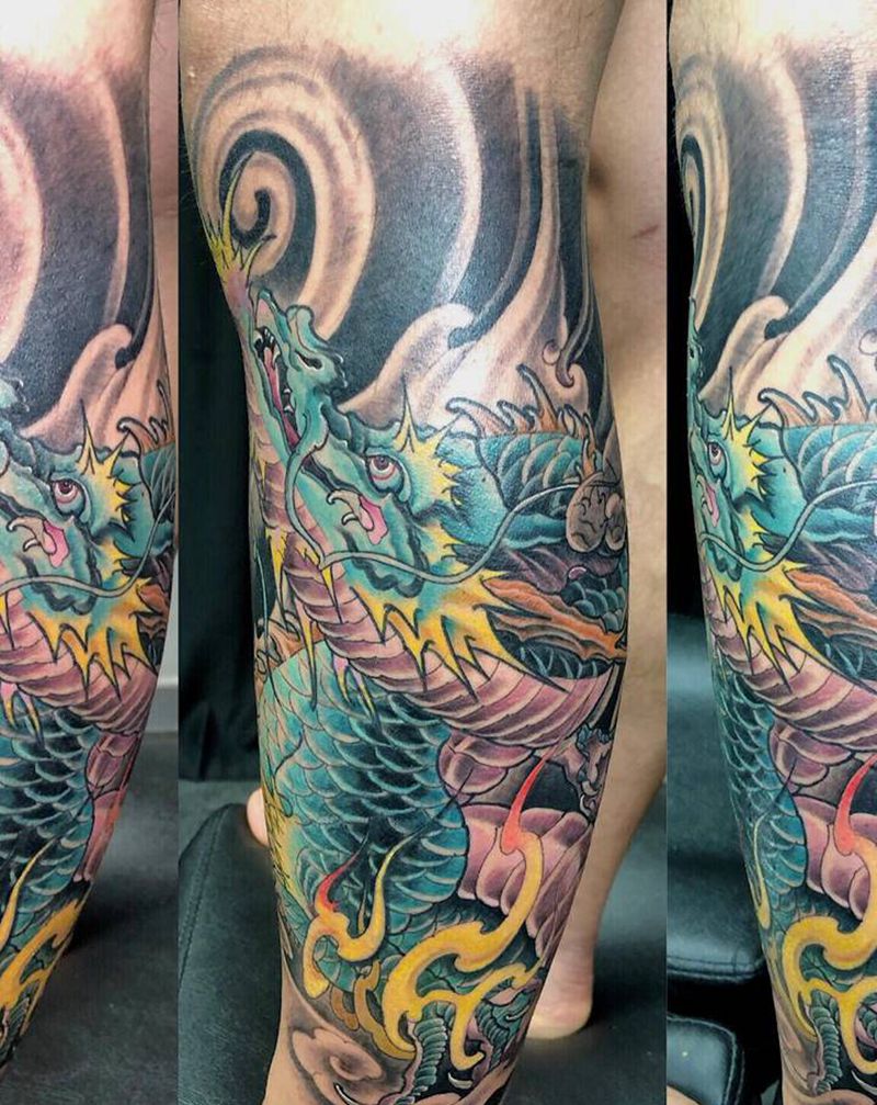 遮盖纹身图片_脚部腿部新传统龙纹身图案