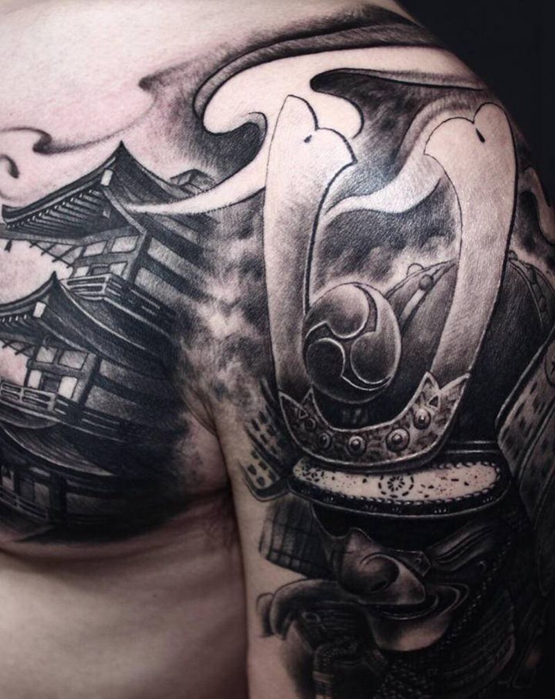 新传统半胛纹身图片_肩部胸部新传统老传统日式盔甲武士纹身图案