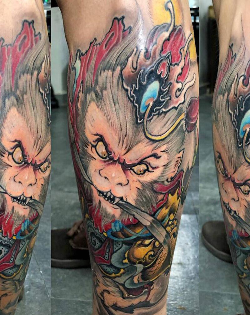 新传统美猴王纹身图片_腿部脚部新传统孙悟空斗战胜佛美猴王纹身图案