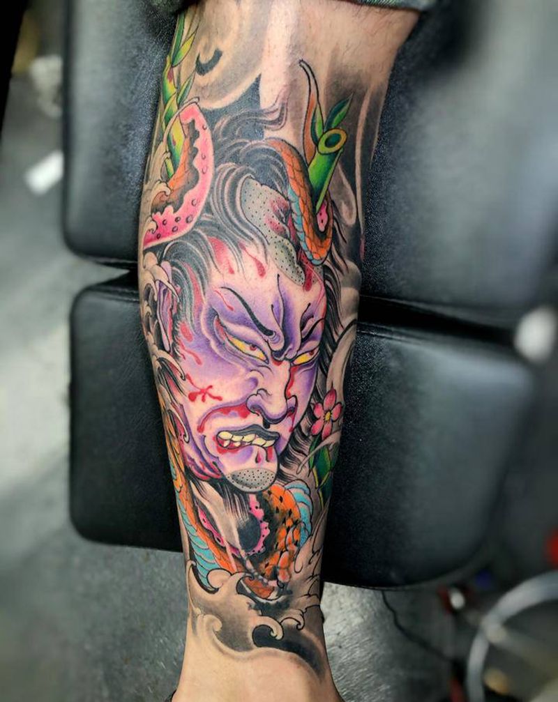 包小腿生首与鬼武士纹身图片_腿部脚部老传统新传统生首鬼武士蛇纹身图案