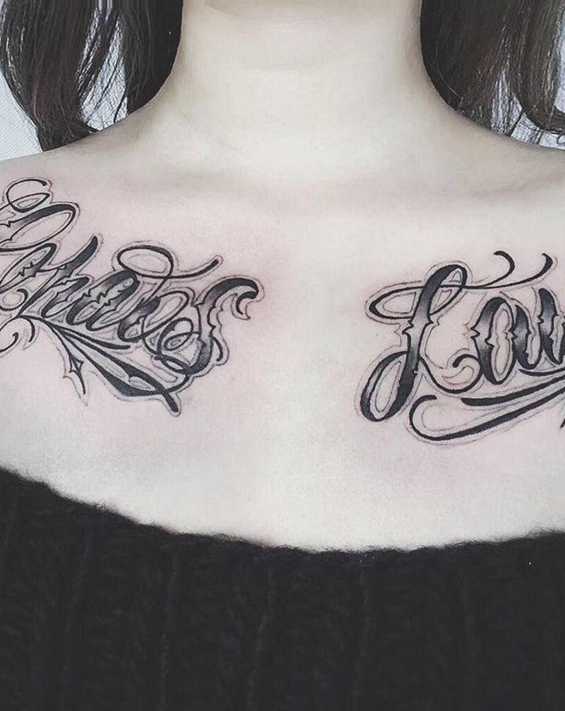 花体字纹身图片_胸部纹身图案