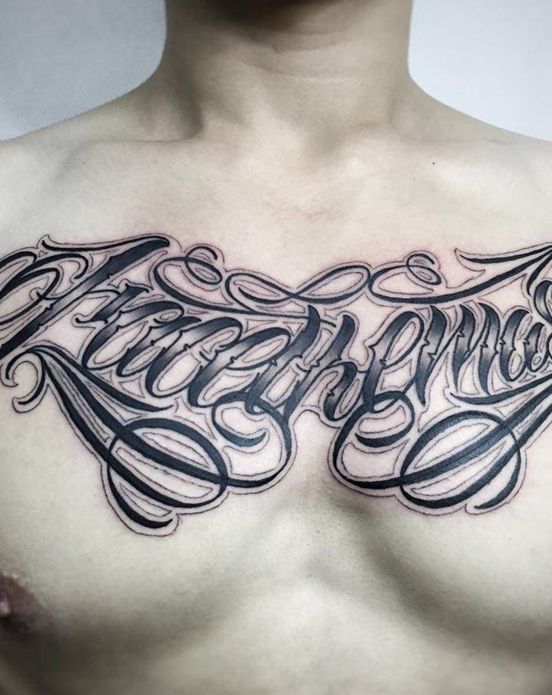 花体字花胸纹身图片_胸部纹身图案