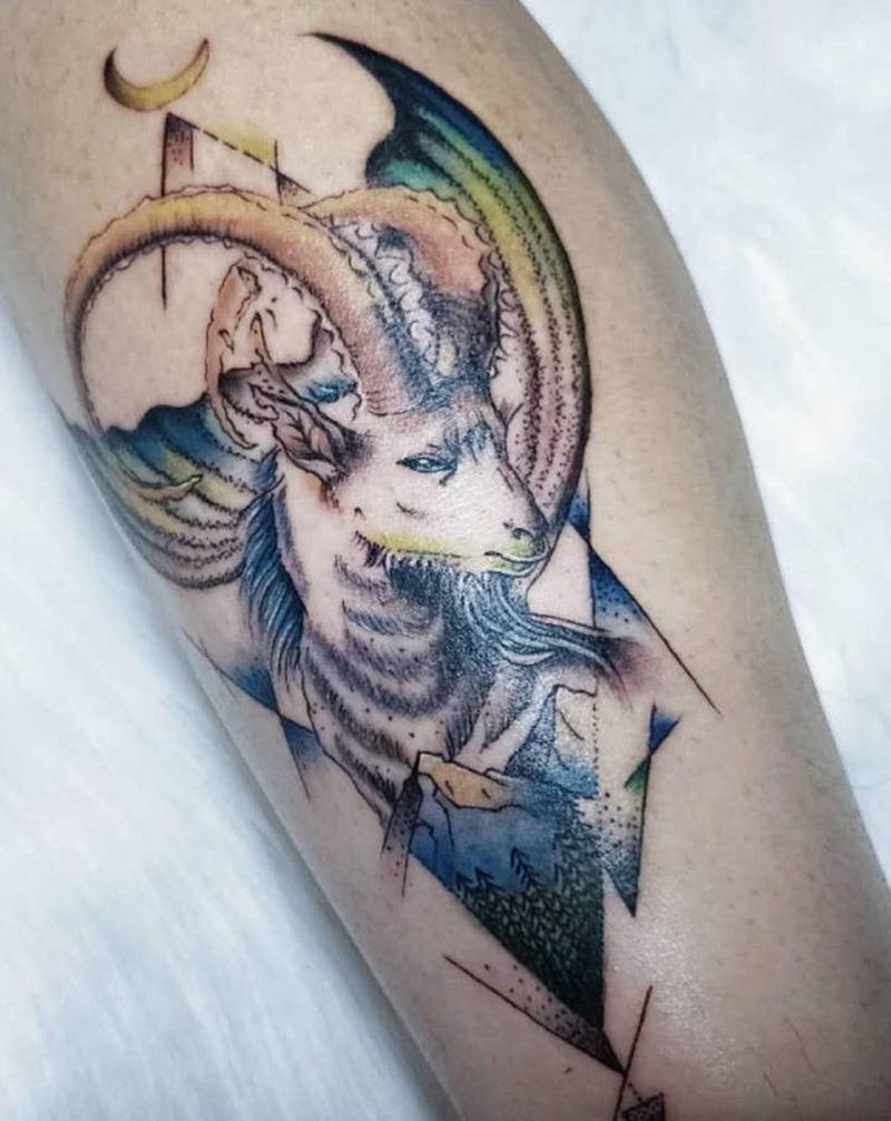 山羊纹身图片_水彩纹身图案