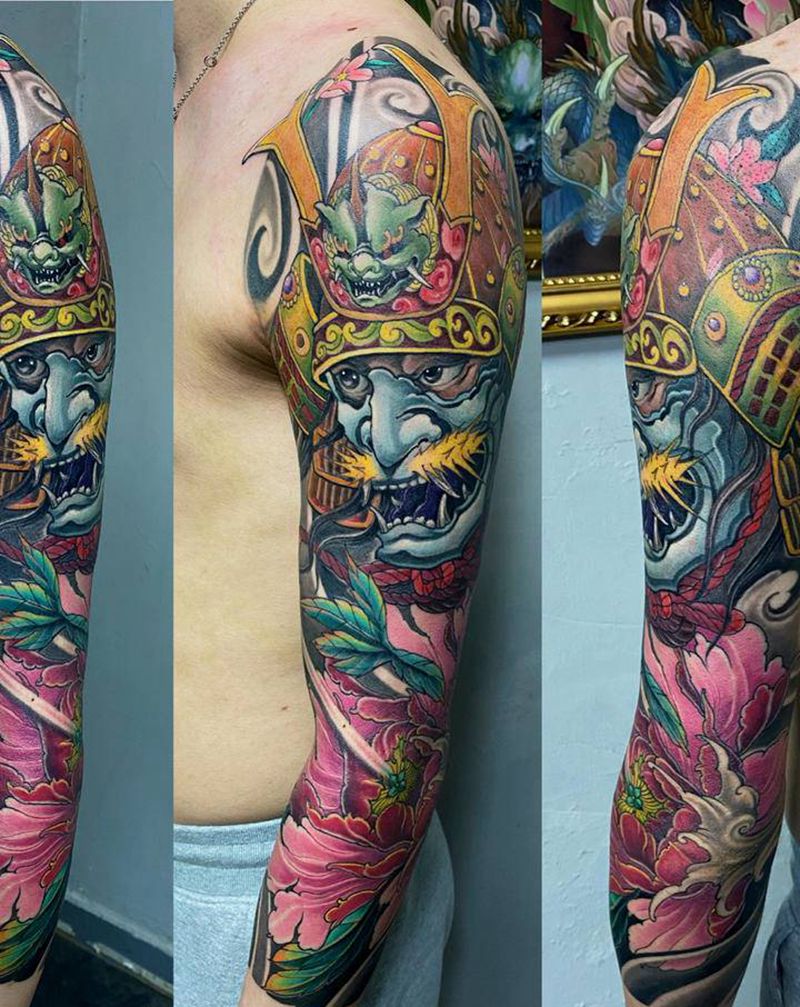 新传统鬼武士纹身图片_手臂手部新传统鬼武士牡丹花樱花纹身图案