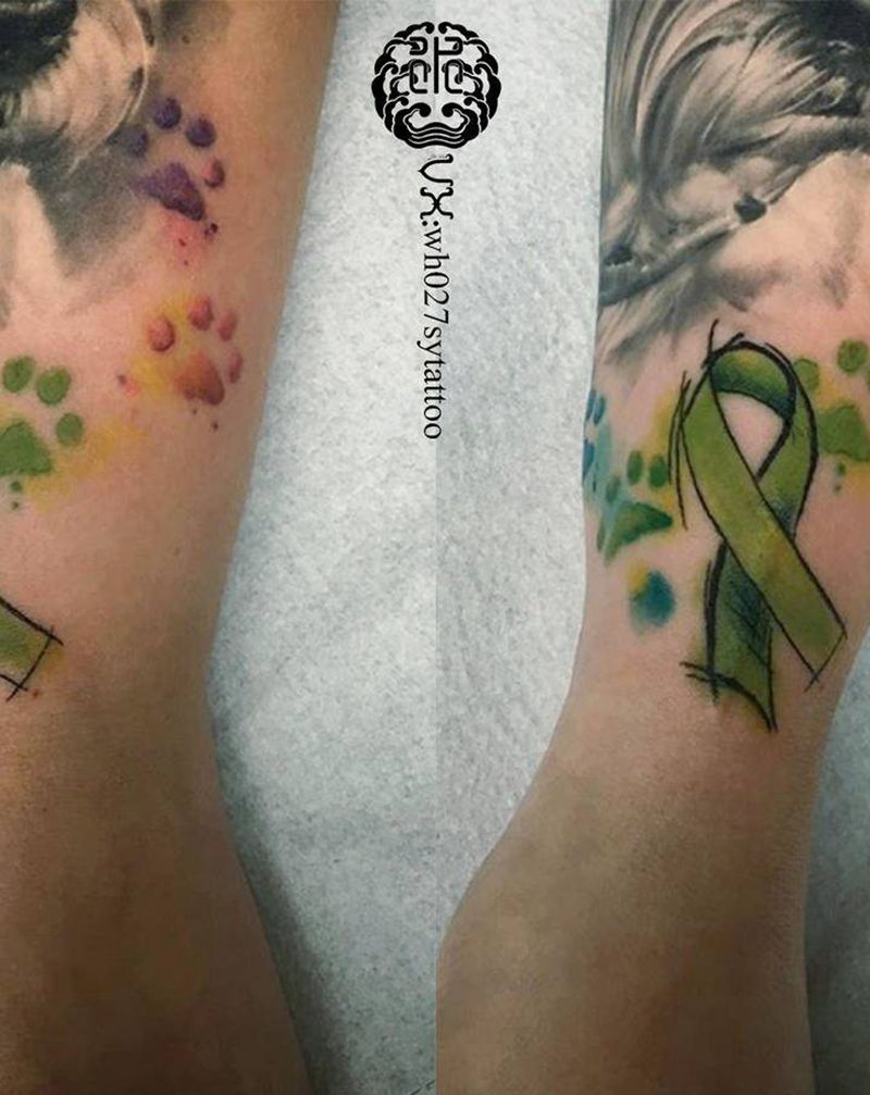 填个缝-水彩绿丝带和小狗爪纹身图片_手臂水彩丝带狗爪狗纹身图案