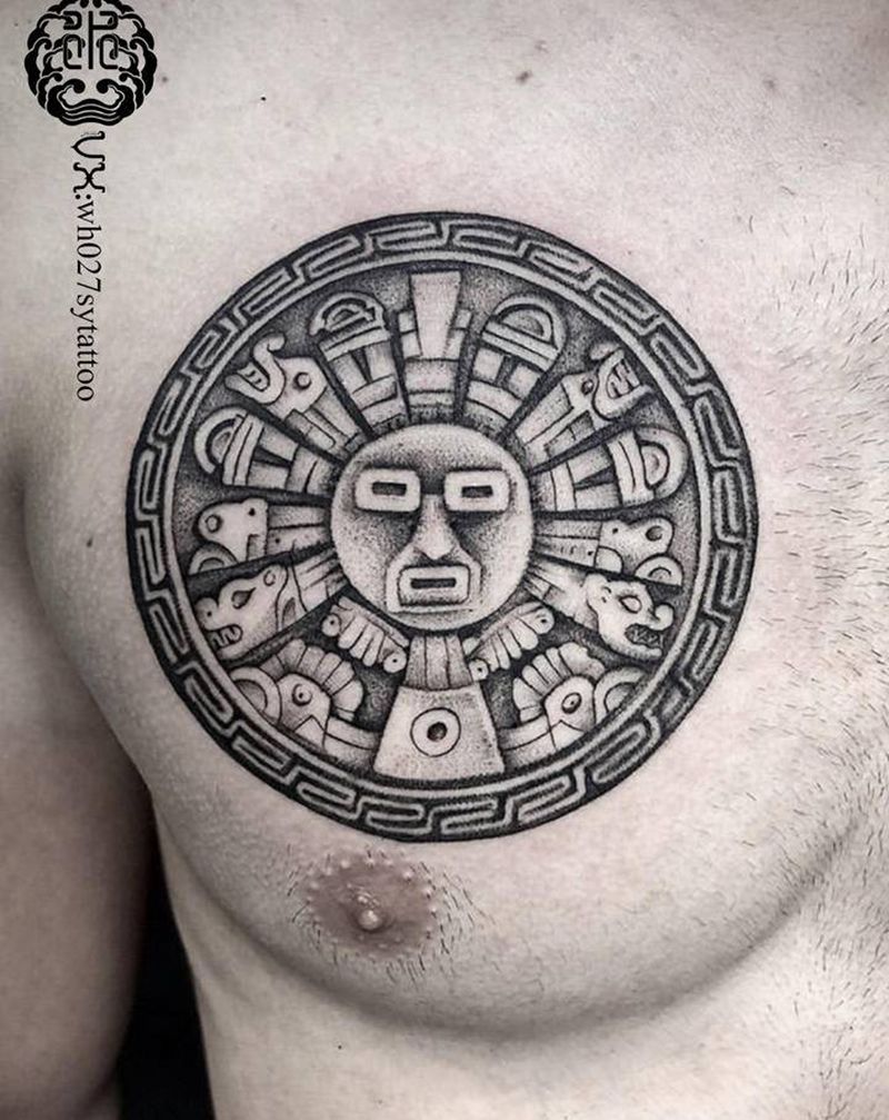 玛雅护身符纹身图片_胸部点刺玛雅护身符纹身图案