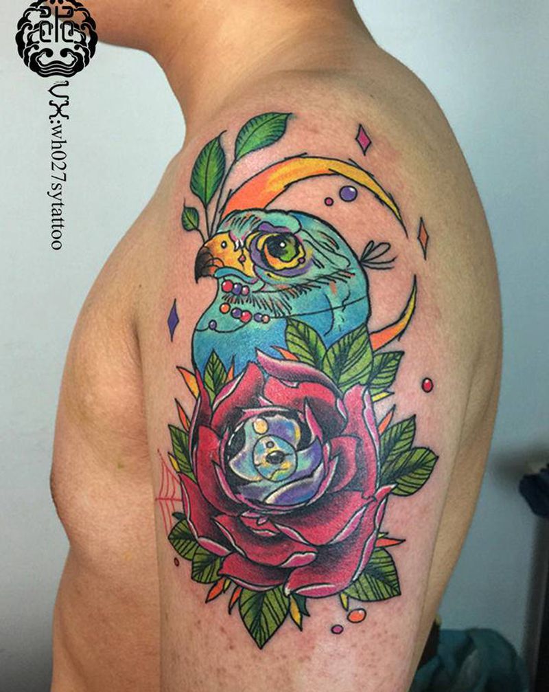 夜莺纹身图片_手臂New School鹰月亮玫瑰纹身图案