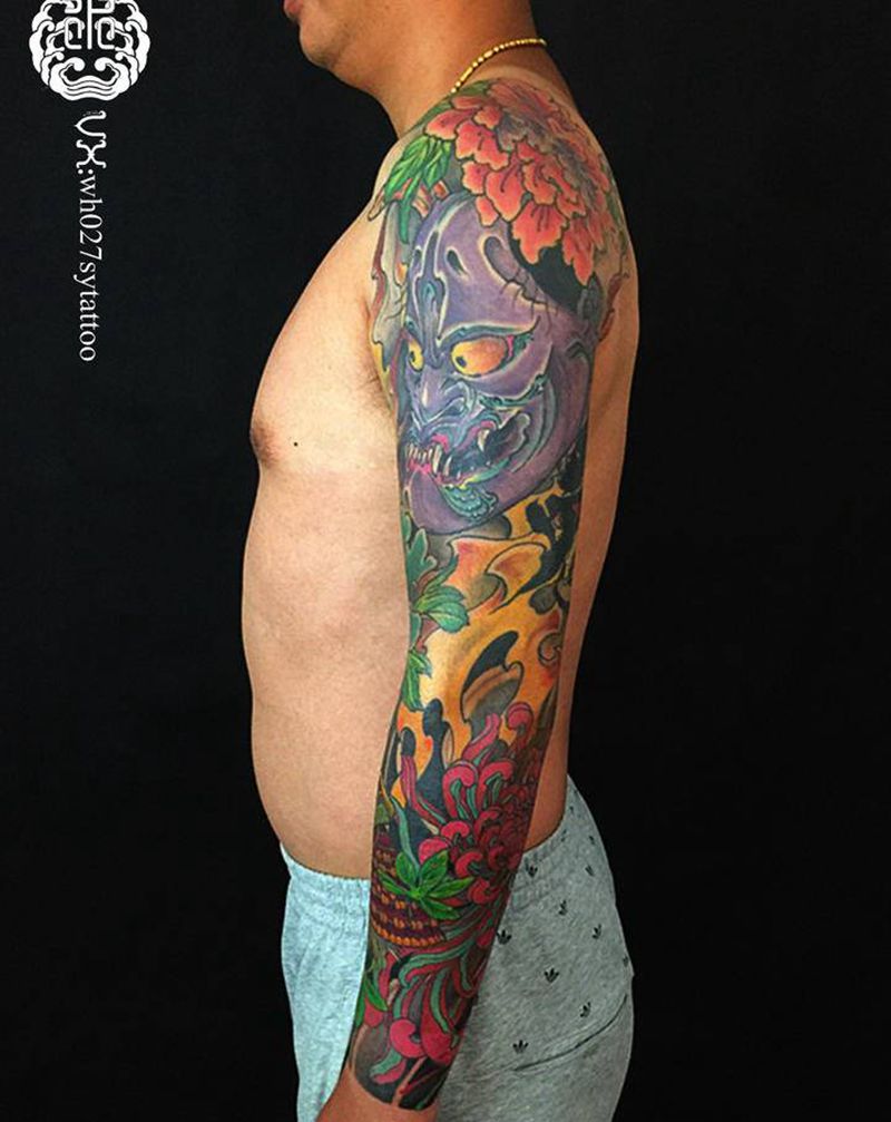 花臂纹身图片_手臂新传统般若虎牡丹纹身图案