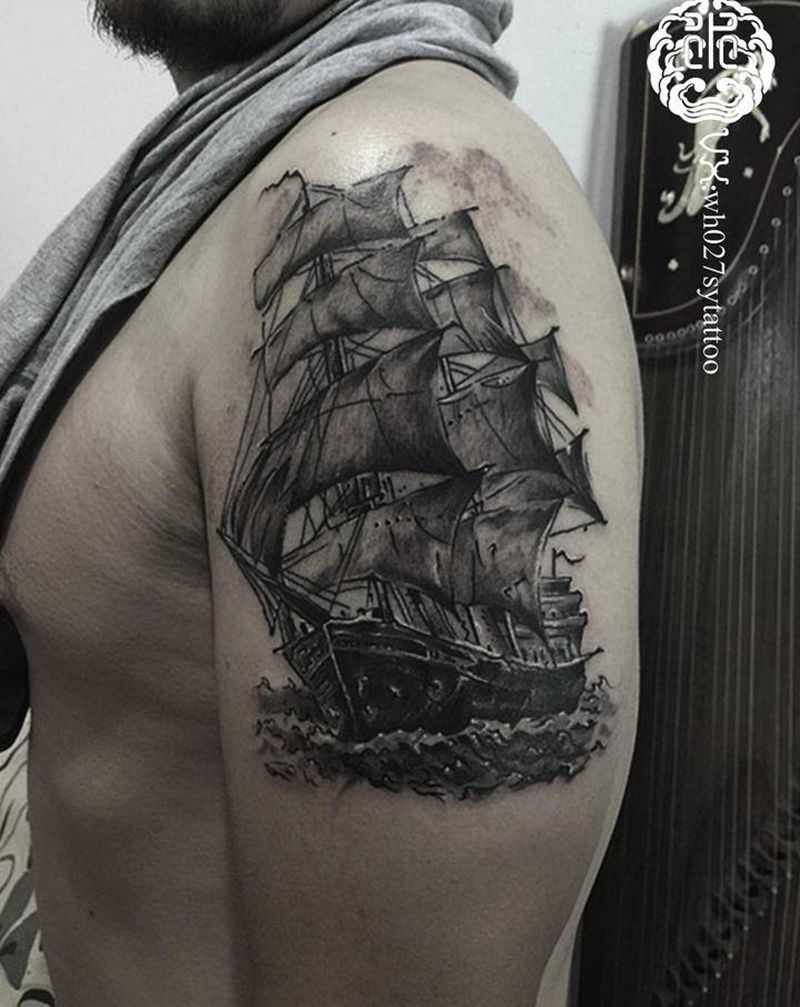 帆船纹身图片_手臂欧美写实帆船船纹身图案