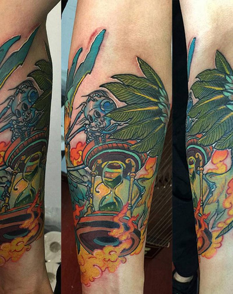 school-骷髅天使纹身图片_手臂New School骷髅翅膀沙漏纹身图案